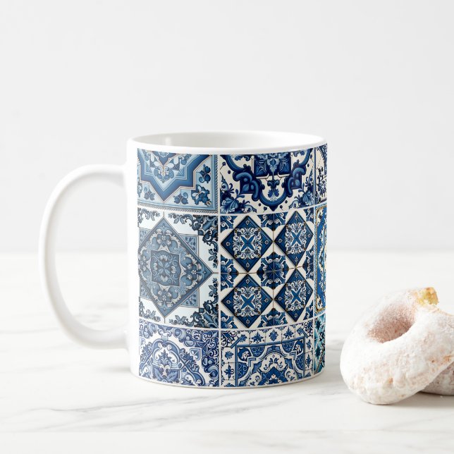 Mediterranean Tiles, Portuguese, Azulejo, Majolica Coffee Mug (With Donut)