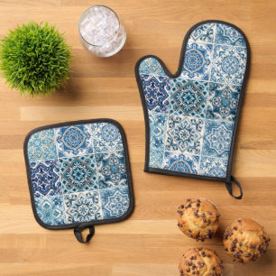 Mediterranean Tiles, Portuguese, Azulejo, Majolica Oven Mitt & Pot Holder Set