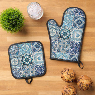 Mediterranean Tiles, Portuguese, Azulejo, Majolica Oven Mitt & Pot Holder Set