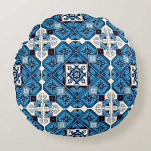 Mediterranean Tiles, Portuguese, Azulejo, Majolica Round Cushion