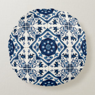 Mediterranean Tiles, Portuguese, Azulejo, Majolica Round Cushion