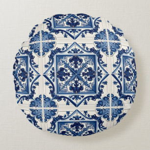 Mediterranean Tiles, Portuguese, Azulejo, Majolica Round Cushion