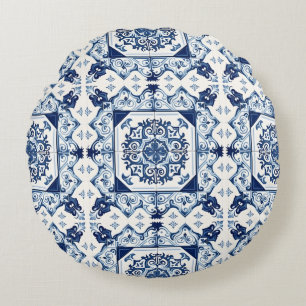 Mediterranean Tiles, Portuguese, Azulejo, Majolica Round Cushion