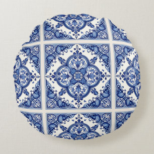 Mediterranean Tiles, Portuguese, Azulejo, Majolica Round Cushion