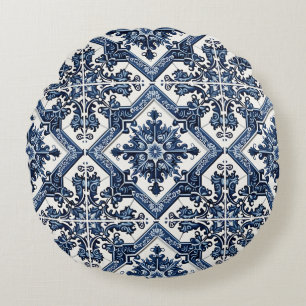 Mediterranean Tiles, Portuguese, Azulejo, Majolica Round Cushion