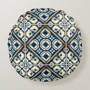 Mediterranean Tiles, Portuguese, Azulejo, Majolica Round Cushion