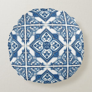 Mediterranean Tiles, Portuguese, Azulejo, Majolica Round Cushion