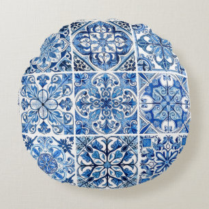 Mediterranean Tiles, Portuguese, Azulejo, Majolica Round Cushion