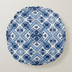 Mediterranean Tiles, Portuguese, Azulejo, Majolica Round Cushion