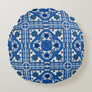Mediterranean Tiles, Portuguese, Azulejo, Majolica Round Cushion