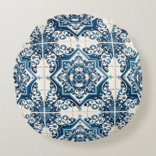 Mediterranean Tiles, Portuguese, Azulejo, Majolica Round Cushion