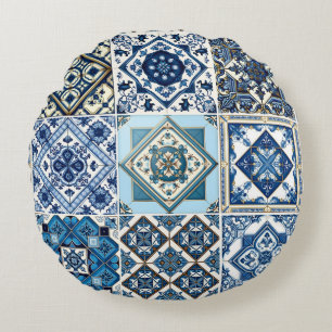 Mediterranean Tiles, Portuguese, Azulejo, Majolica Round Cushion