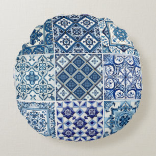 Mediterranean Tiles, Portuguese, Azulejo, Majolica Round Cushion