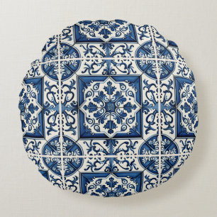 Mediterranean Tiles, Portuguese, Azulejo, Majolica Round Cushion