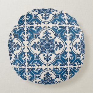 Mediterranean Tiles, Portuguese, Azulejo, Majolica Round Cushion