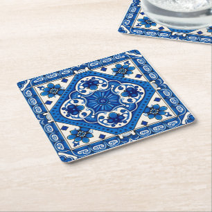 Mediterranean Tiles, Portuguese, Azulejo, Majolica Square Paper Coaster