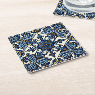 Mediterranean Tiles, Portuguese, Azulejo, Majolica Square Paper Coaster