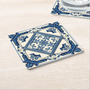 Mediterranean Tiles, Portuguese, Azulejo, Majolica Square Paper Coaster