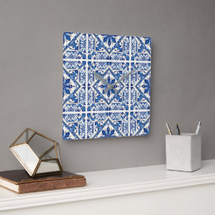 Mediterranean Tiles, Portuguese, Azulejo, Majolica Square Wall Clock