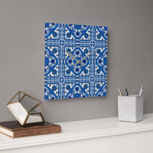 Mediterranean Tiles, Portuguese, Azulejo, Majolica Square Wall Clock