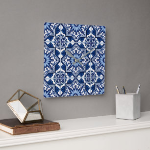 Mediterranean Tiles, Portuguese, Azulejo, Majolica Square Wall Clock