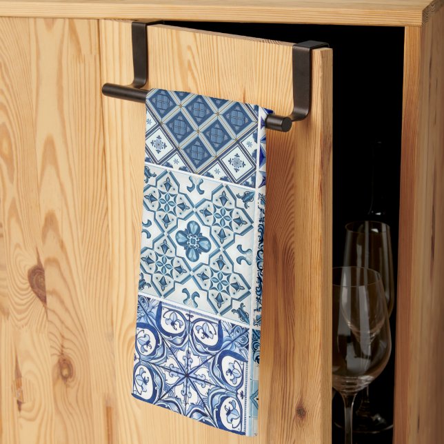 Mediterranean Tiles, Portuguese, Azulejo, Majolica Tea Towel (Thirds Fold)