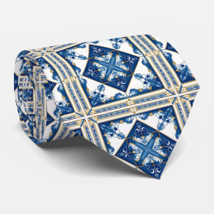 Mediterranean Tiles, Portuguese, Azulejo, Majolica Tie