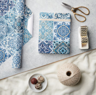 Mediterranean Tiles, Portuguese, Azulejo, Majolica Wrapping Paper