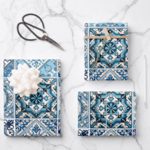 Mediterranean Tiles, Portuguese, Azulejo, Majolica Wrapping Paper Sheet