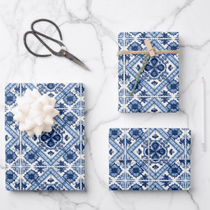 Mediterranean Tiles, Portuguese, Azulejo, Majolica Wrapping Paper Sheet