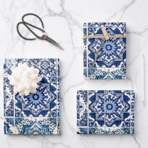 Mediterranean Tiles, Portuguese, Azulejo, Majolica Wrapping Paper Sheet