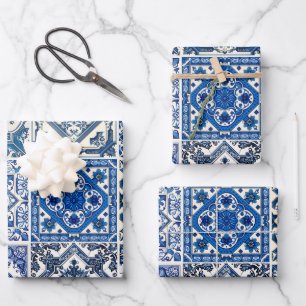Mediterranean Tiles, Portuguese, Azulejo, Majolica Wrapping Paper Sheet