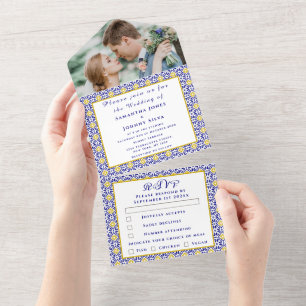 Mediterranean Tiles Portuguese Photo Wedding All In One Invitation