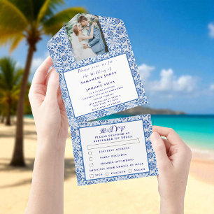 Mediterranean Tiles Portuguese Photo Wedding  All In One Invitation