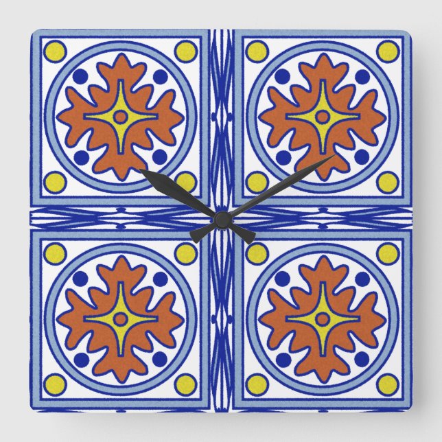 Mediterranean Tiles Square Wall Clock (Front)