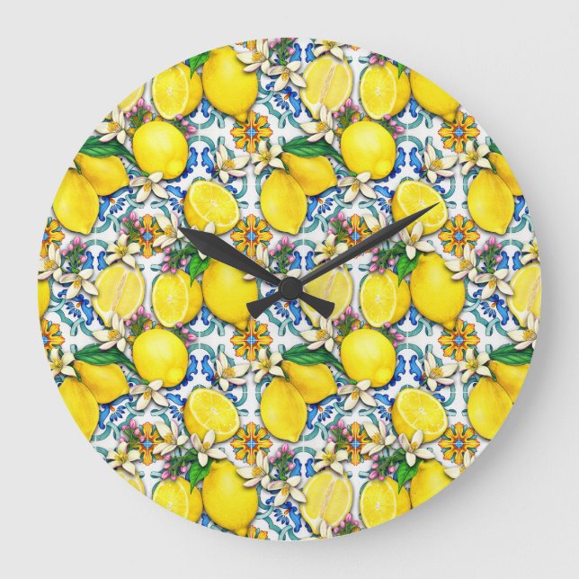 Mediterranean Traditional Pattern With Lemons Large Clock (Front)
