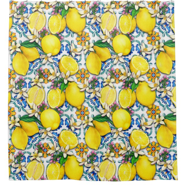 Mediterranean Traditional Pattern With Lemons Shower Curtain (Front)