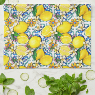 Mediterranean Traditional Pattern With Lemons Tea Towel