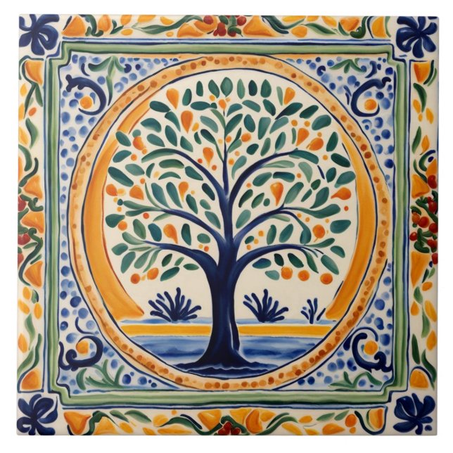 Mediterranean Tree Rustic Blue & Yellow Folk Art Ceramic Tile (Front)