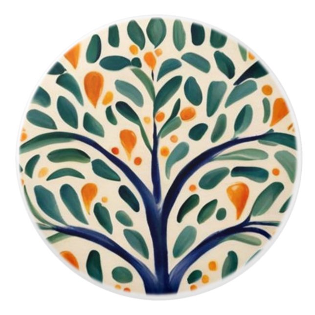 Mediterranean Tree Rustic Green & Yellow Folk Art Ceramic Knob (Front)