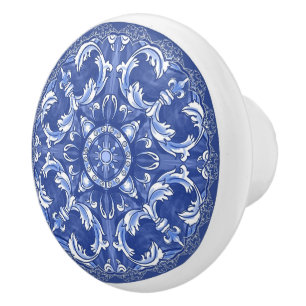 Mediterranean Tribal Delft Blue Azulejo Portuguese Ceramic Knob