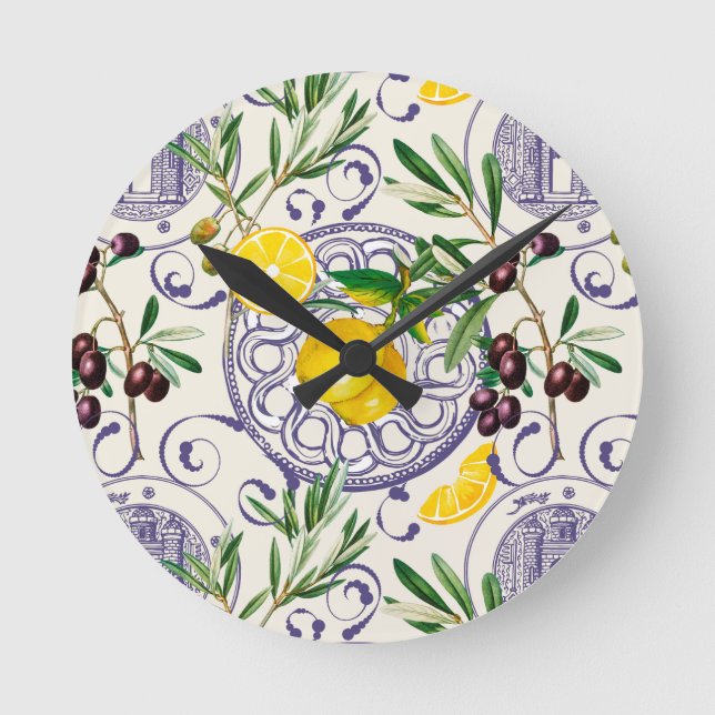 Mediterranean,Tuscan style,olives,pattern       Round Clock (Front)