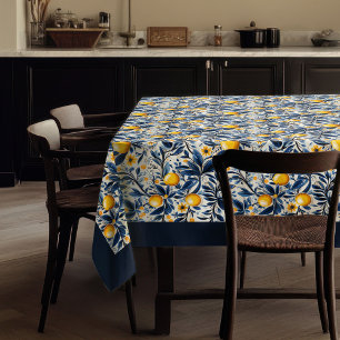 Mediterranean vibrant yellow lemons navy blue tablecloth