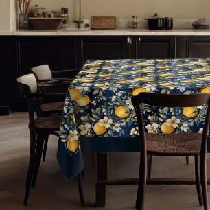 Mediterranean vibrant yellow lemons navy blue tablecloth