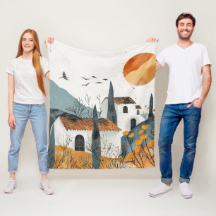 Mediterranean Village Terracotta Sun Landscape Fleece Blanket