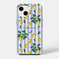 Mediterranean Vintage Lemons Blue Stripes Name