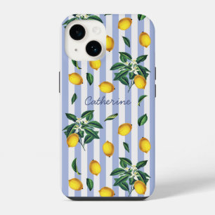 Mediterranean Vintage Lemons Blue Stripes Name iPhone 14 Case