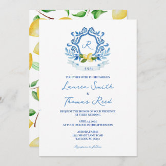 Mediterranean Watercolor Blue with Lemons Wedding Invitation