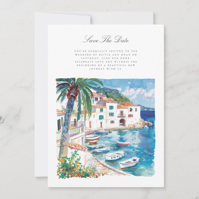 Mediterranean Watercolor Save The Date Card  (Front)
