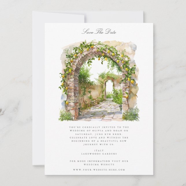 Mediterranean Watercolor Save The Date Card (Front)